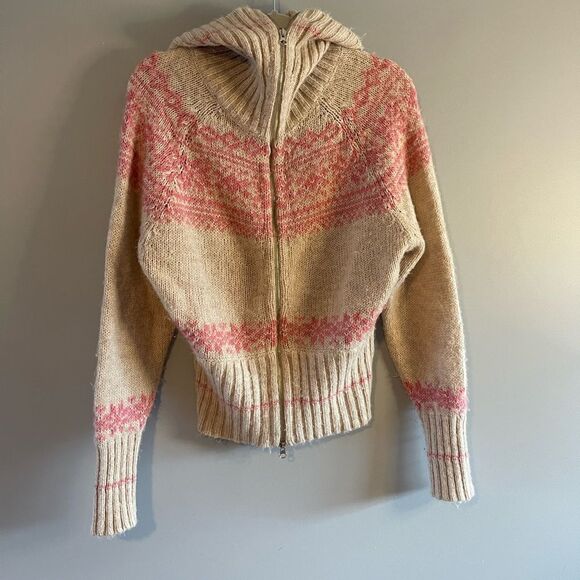 Free People Fair Isle Nordic Alpine Wool Blend Sweater Tan/Pink | SZ M - Picture 3 of 13